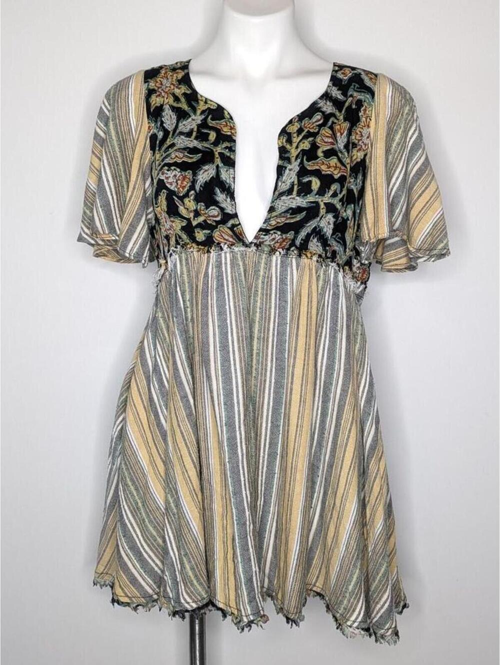 Free People Under The Sun Yellow Grey Tunic Top Dress XS